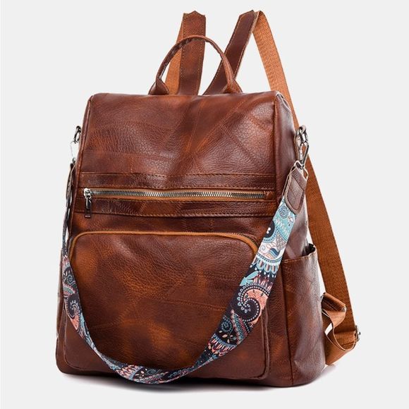 Caramel Brown PU Vegan Leather Backpack Purse Bag Multi Pocket main image 6